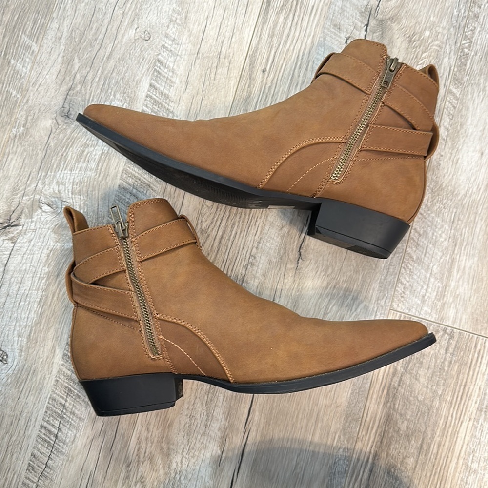 ASOS Tan Camel Buckle Strap Pointed Toe Ankle Booties - Picture 2 of 7